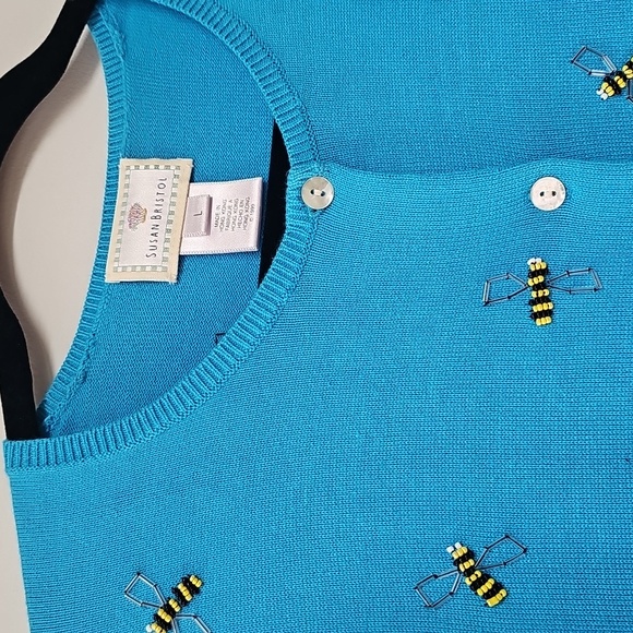 Late 90s Susan Bristol Cardigan, Malibu Blue w Beaded Bee Design, Sz L, NEW - Picture 2 of 13